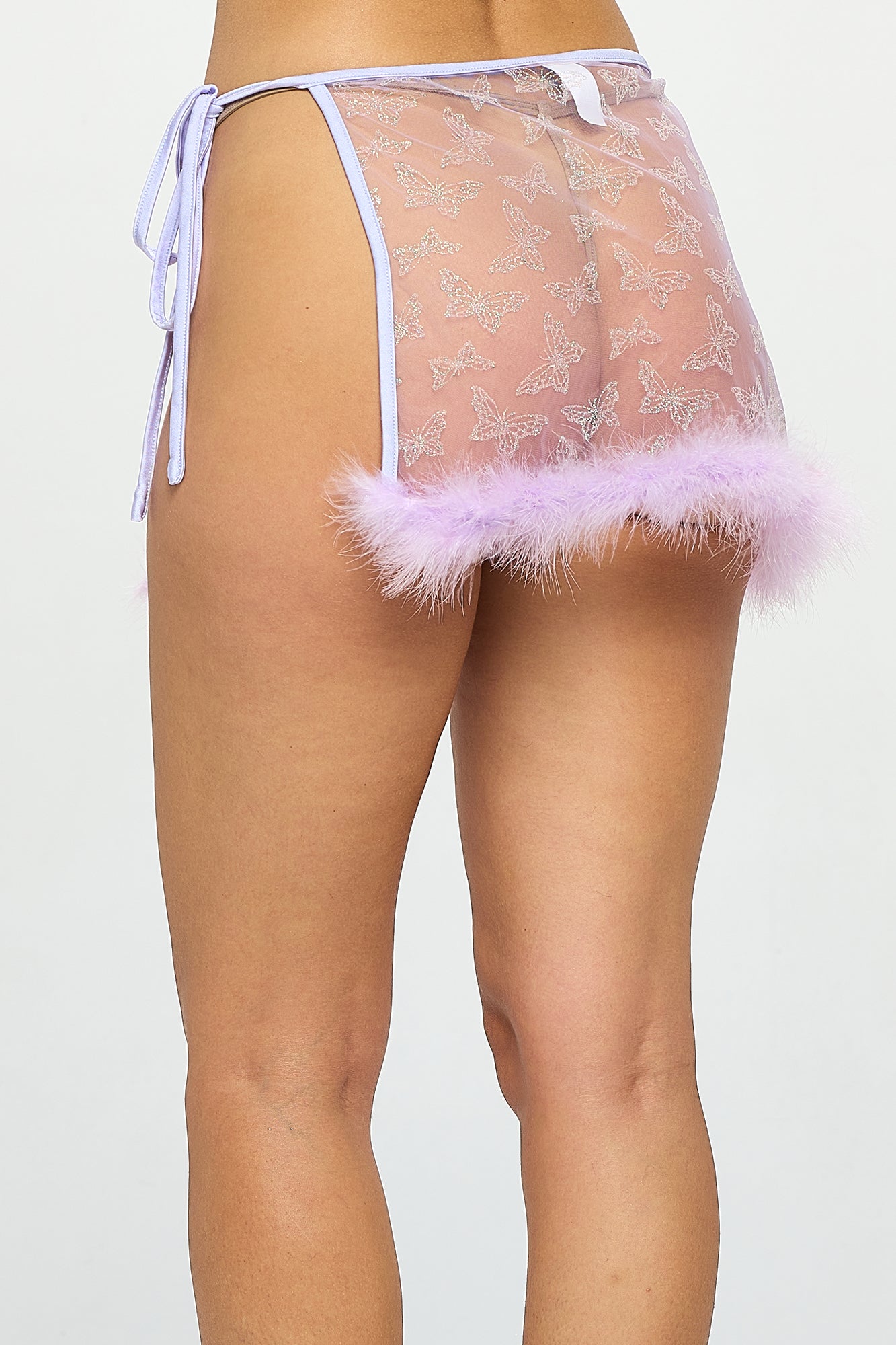 BUTTERFLY GLITTER MESH FEATHER TRIM RAVE MINI SKIRT