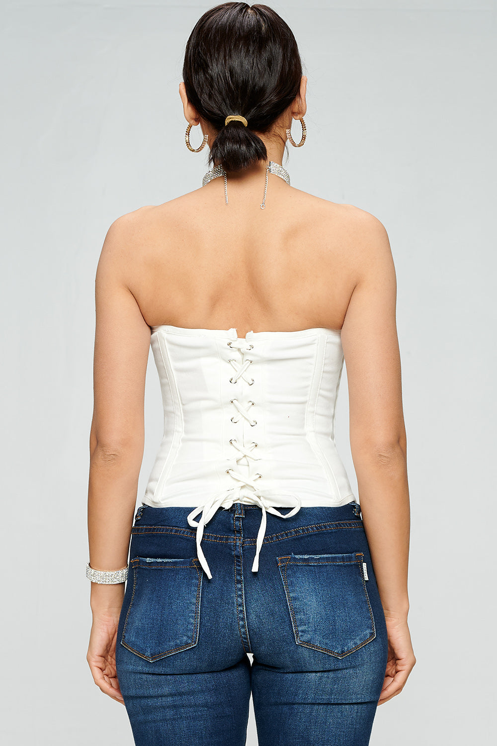 DENIM RIGID ZIP UP FRONT LACE UP CORSET