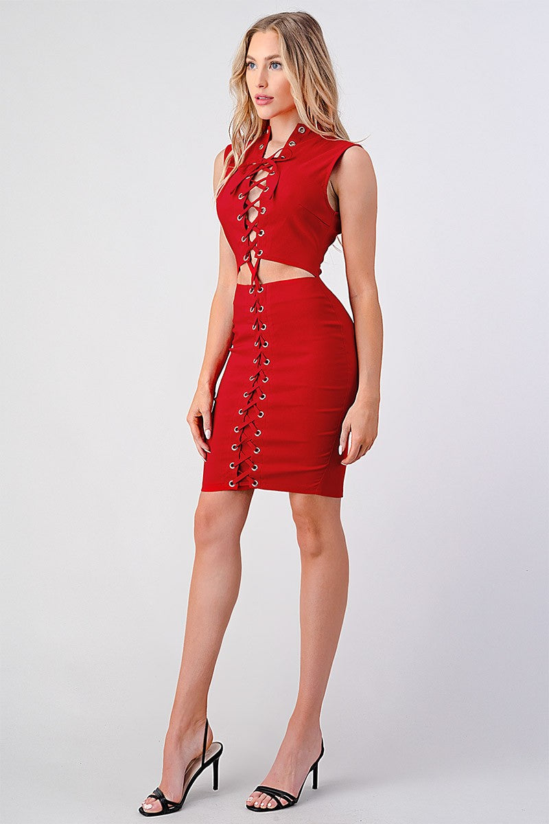 LACE UP OPEN FRONT STRETCH BODYCON DRESS