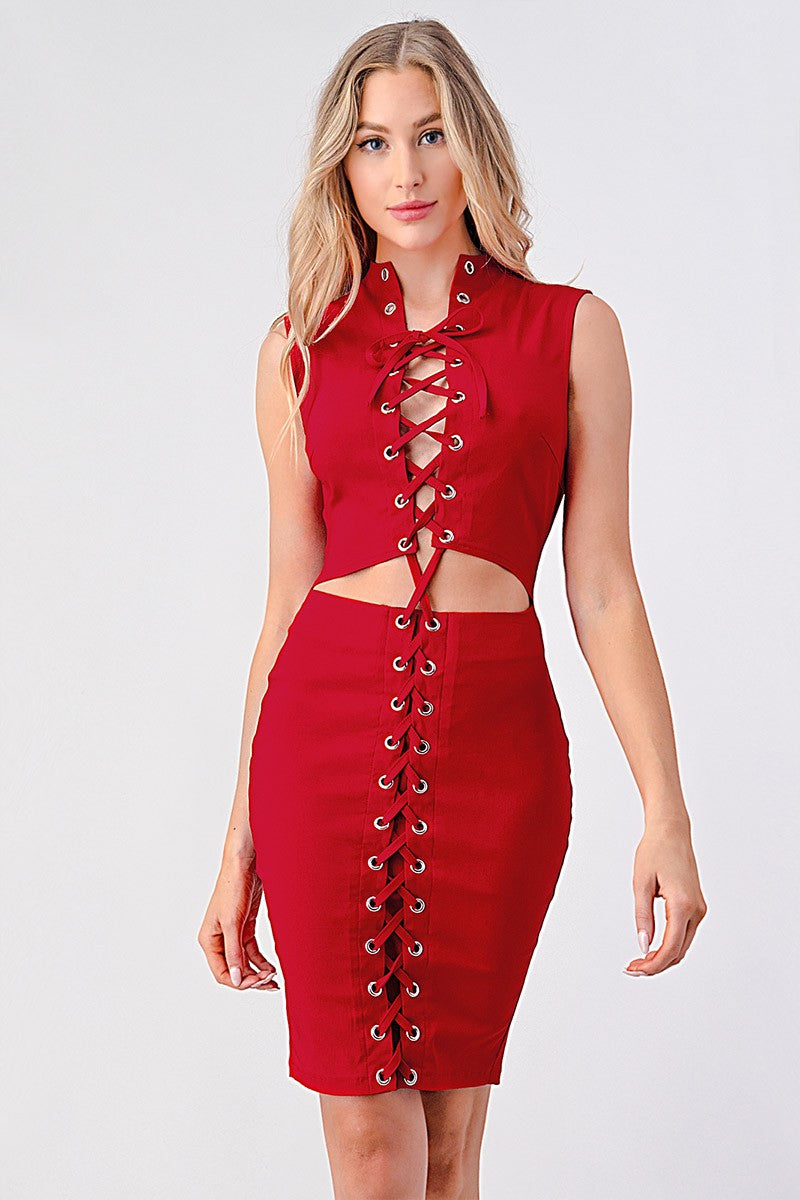 LACE UP OPEN FRONT STRETCH BODYCON DRESS