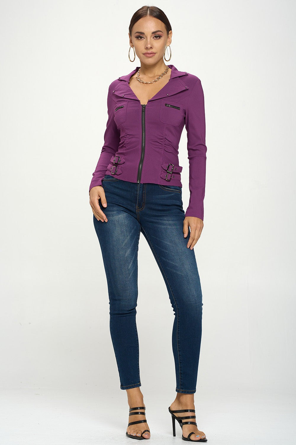 ZIPPER FRONT CLOSURE BUCKLE SIDE DETAILS LONG SLEEVE JACKET