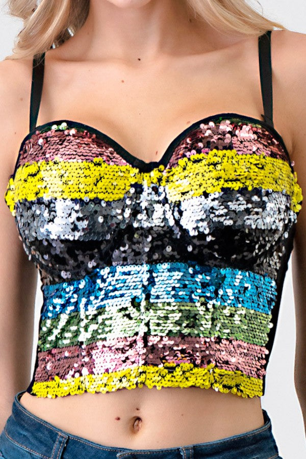 RAINBOW MULTI STRIPE SEQUIN CROPPED BUSTIER TOP