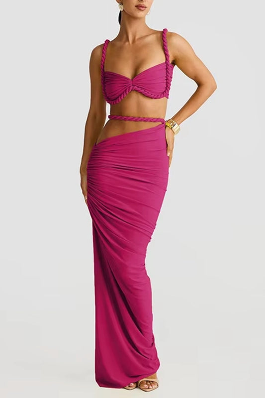 Braided Strap Crop Top & Draped Maxi Skirt Set