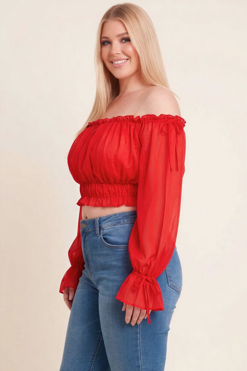 OFF SHOULDER RUFFLE TRIM KNOT SLEEVE CROP TOP PLUS