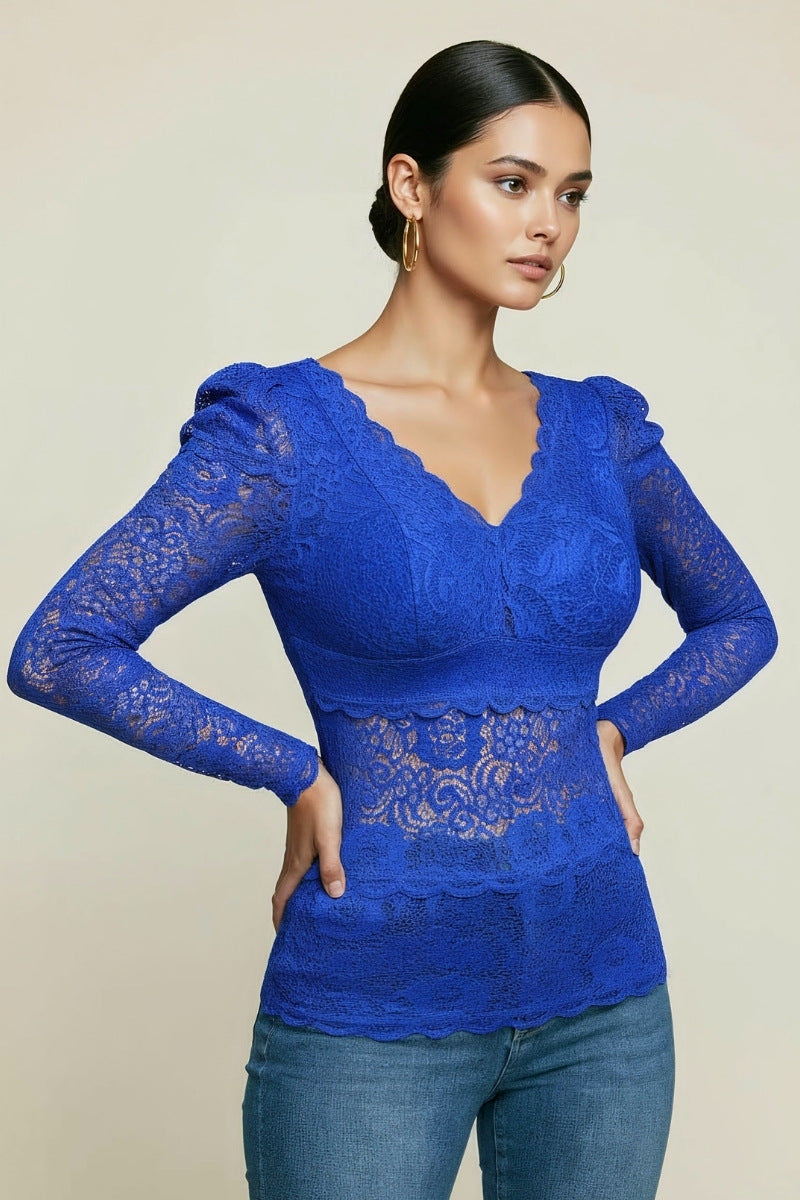LONG SLEEVE V NECK LACE TOP