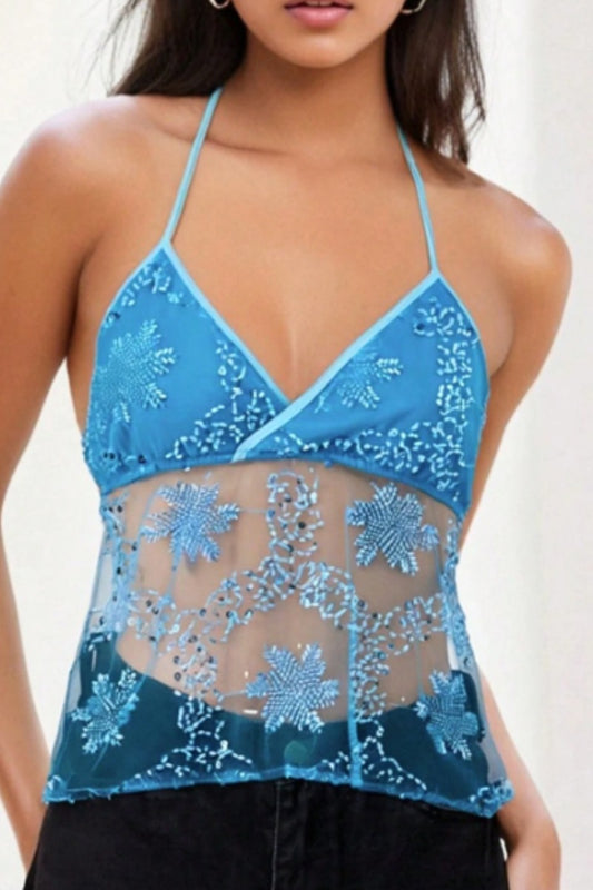 Midnight Beaded Mesh Halter Top