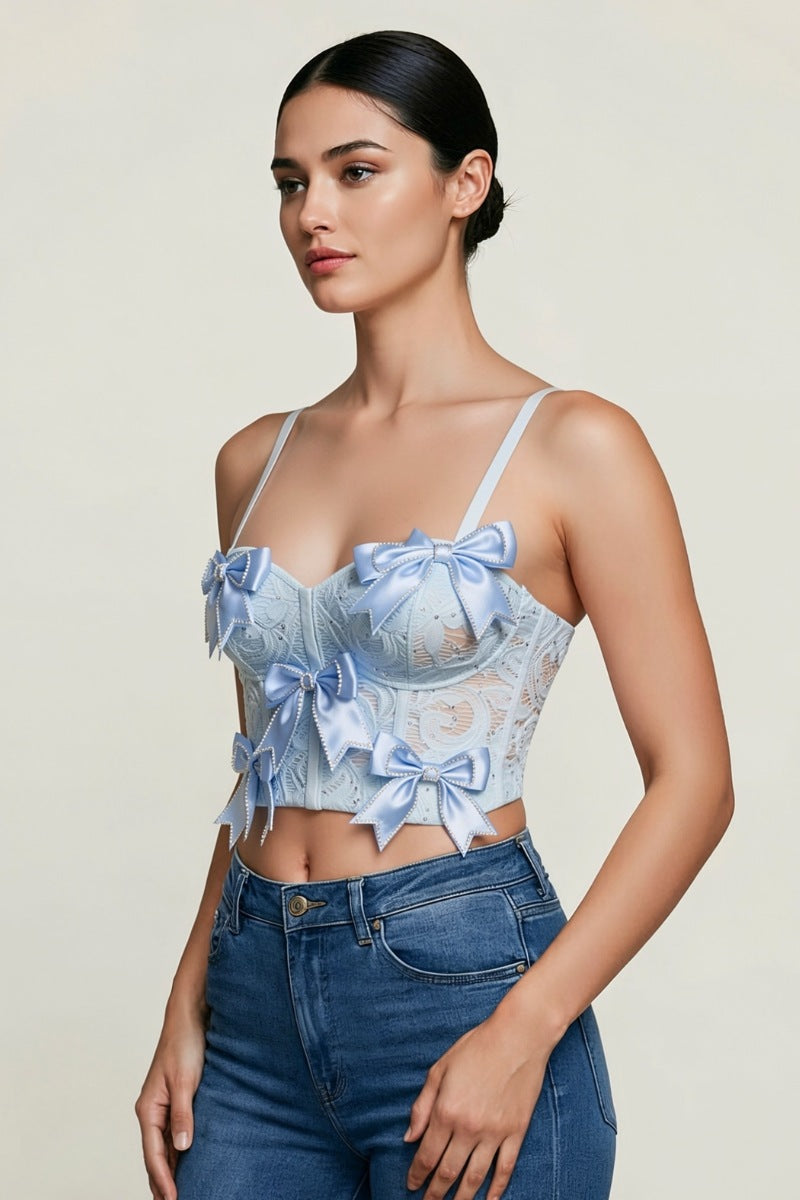 RHINESTONE EMBELLISHED BOW TRIMS BUSTIER CROP TOP