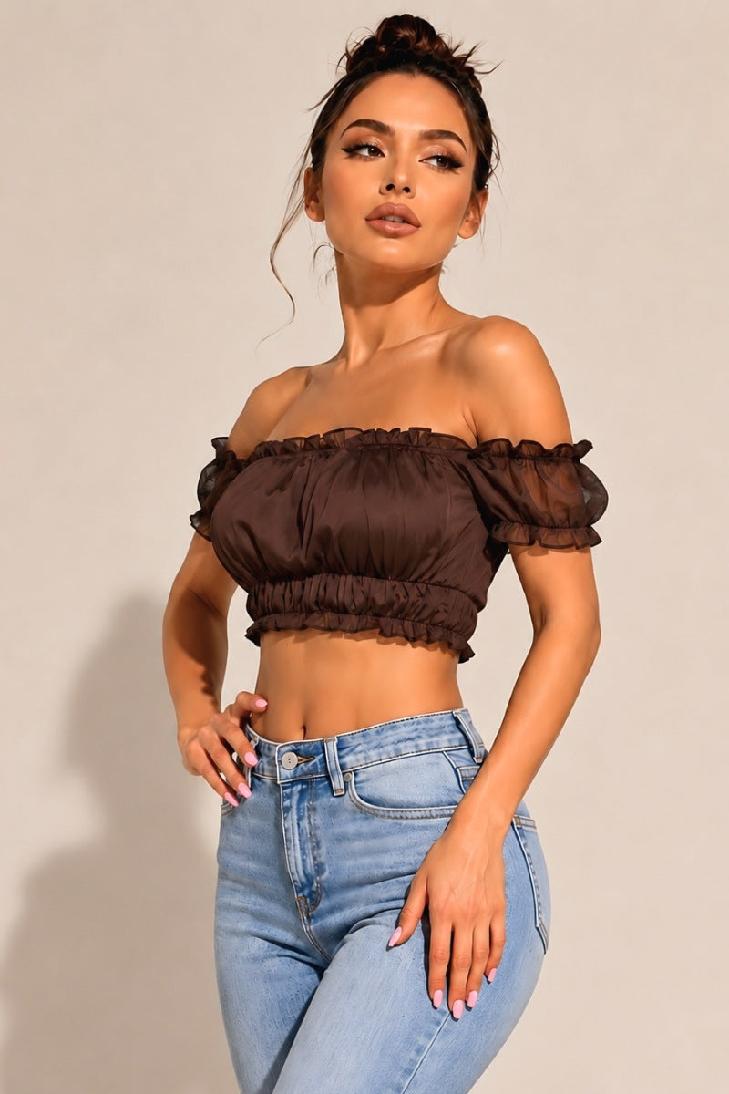 Sheer Ruffled Mesh Off-Shoulder Crop Top