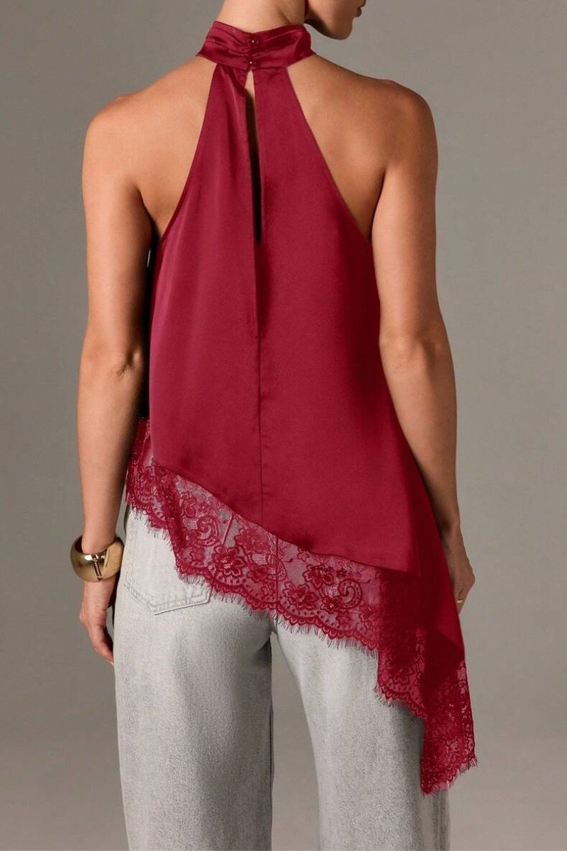 Satin Lace Trim Asymmetrical Top