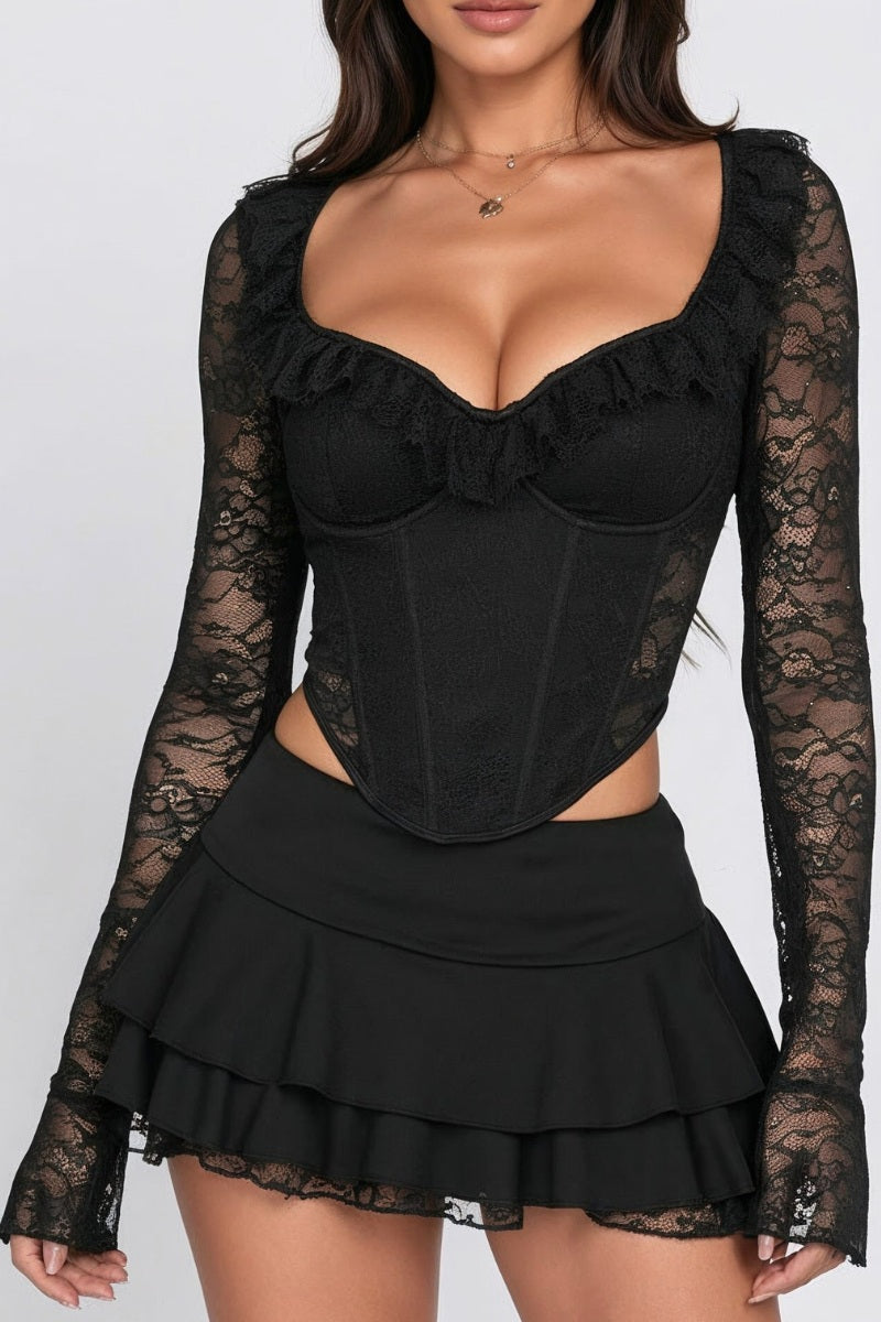 Romantic Ruffled Lace Long Sleeve Corset Top
