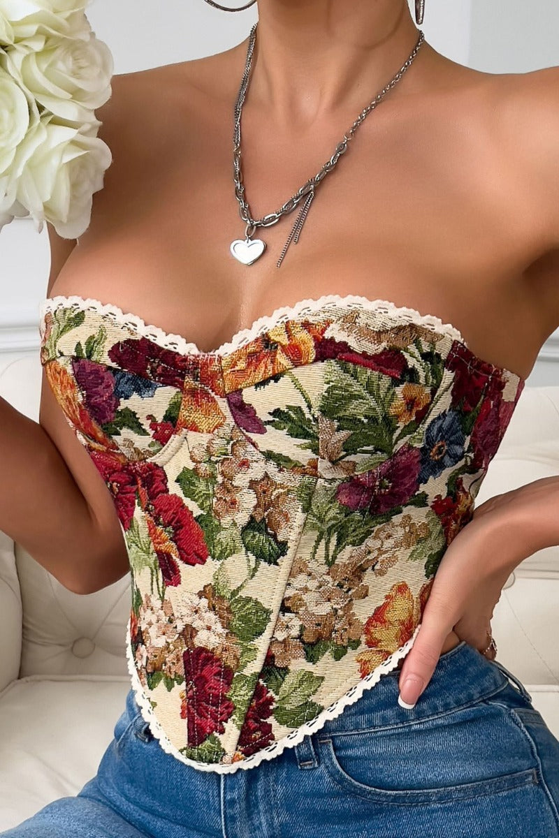 Strapless Floral Jacquard Corset with Lace-Up Back