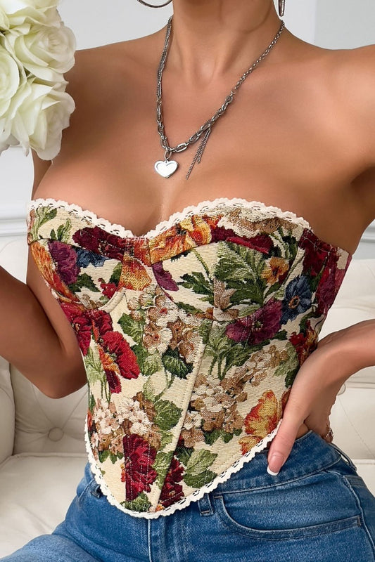 Strapless Floral Jacquard Corset with Lace-Up Back
