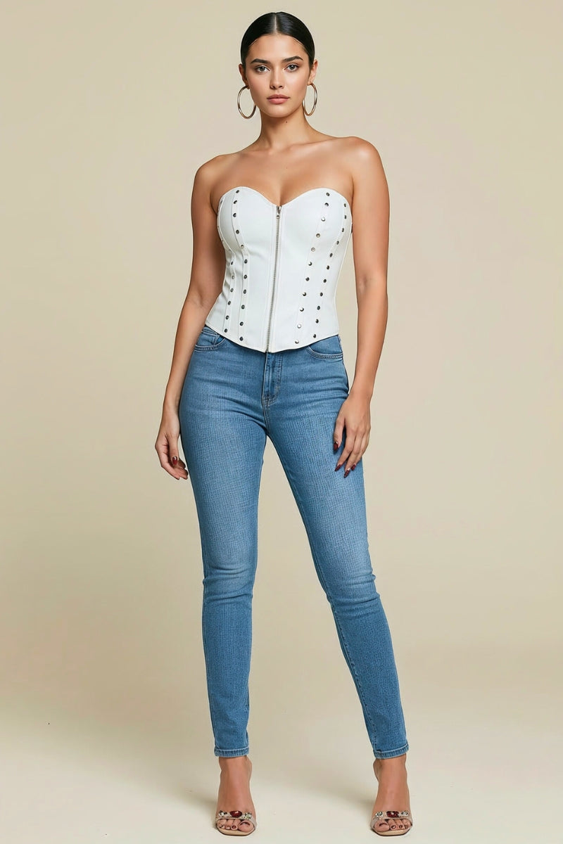 FAUX LEATHER STUD DETAILED ZIP FRONT CORSET TOP