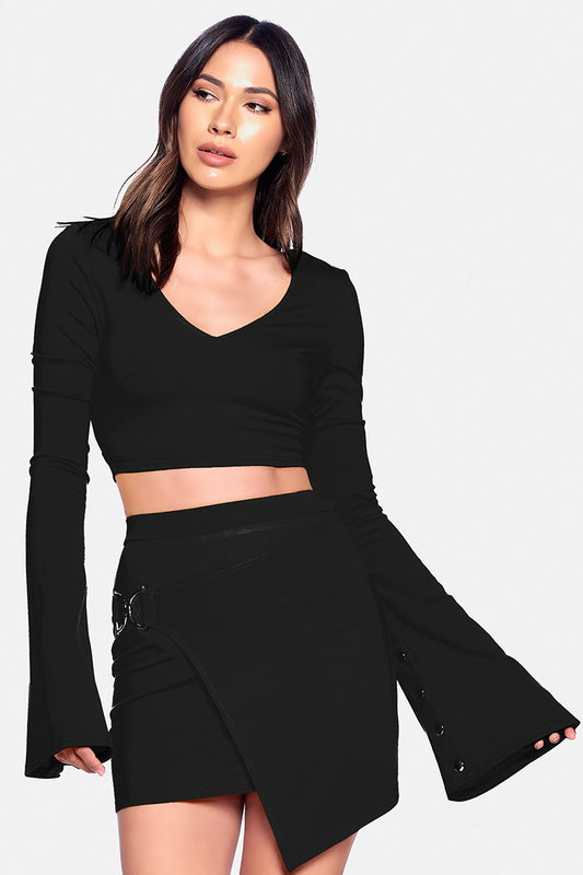 LONG FLARE SLEEVE OPEN BACK BUCKLED CROP TOP