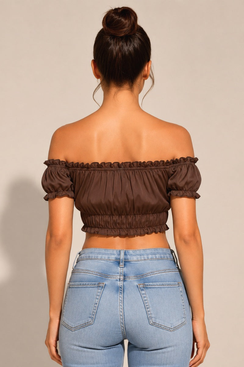 Sheer Ruffled Mesh Off-Shoulder Crop Top