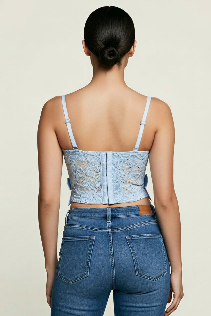 RHINESTONE EMBELLISHED BOW TRIMS BUSTIER CROP TOP