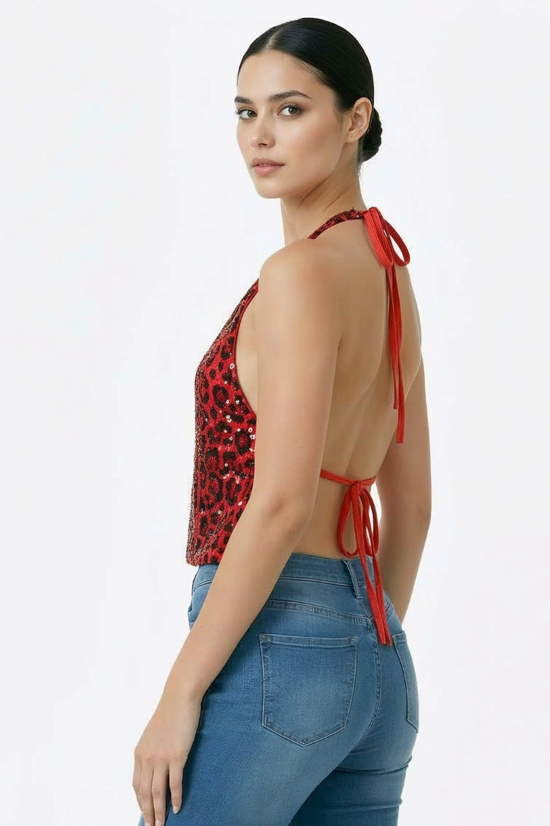 Sequin Print Halter Deep V Top