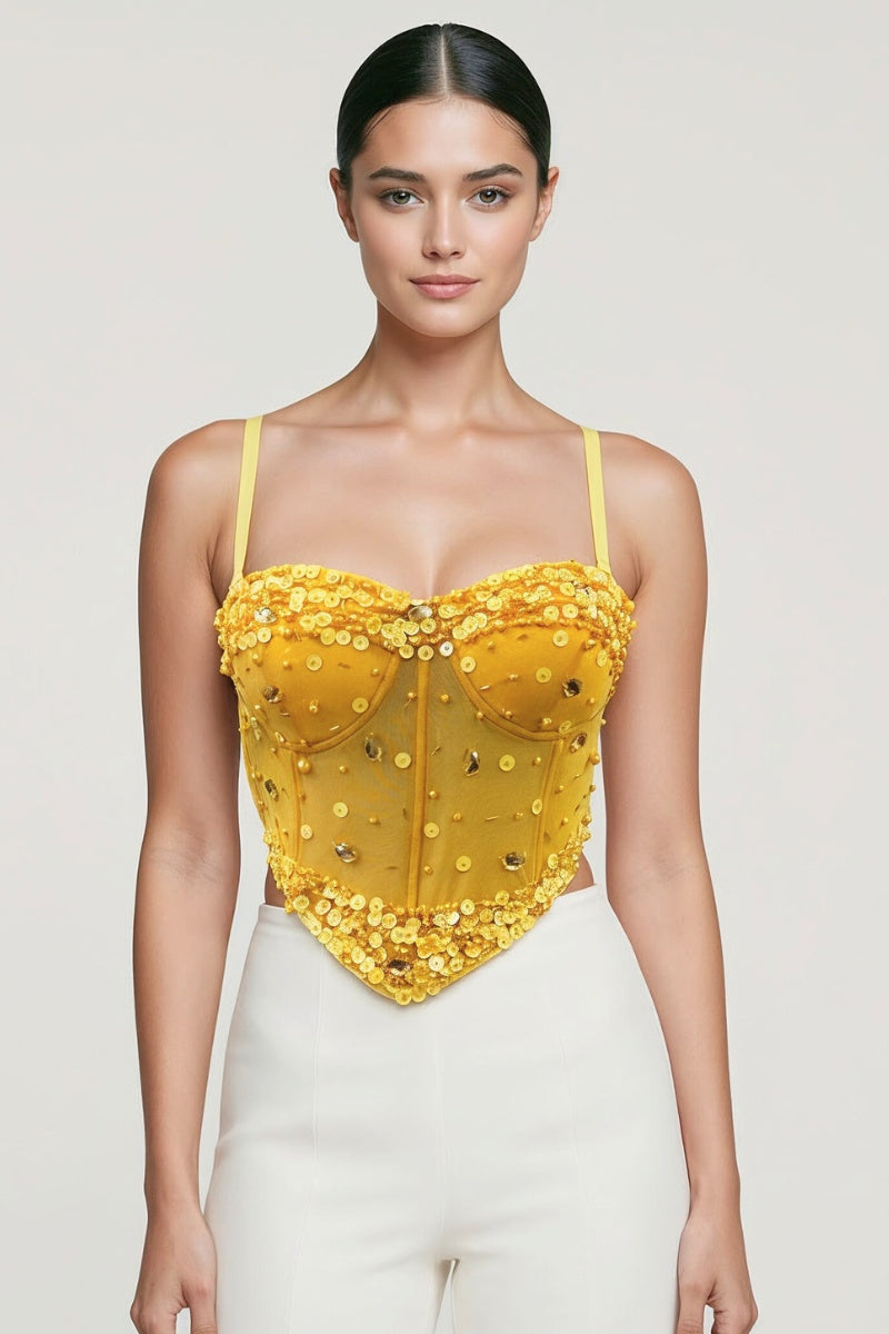 JEWEL BEAD EMBELLISHED MESH BONE CORSET CROP TOP