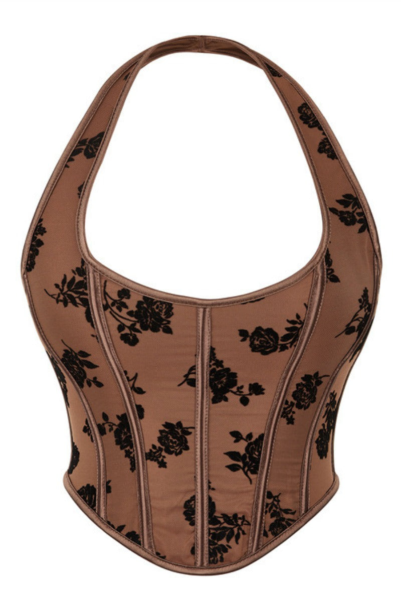 Sexy Floral Corset Crop Top with Lace-Up Back