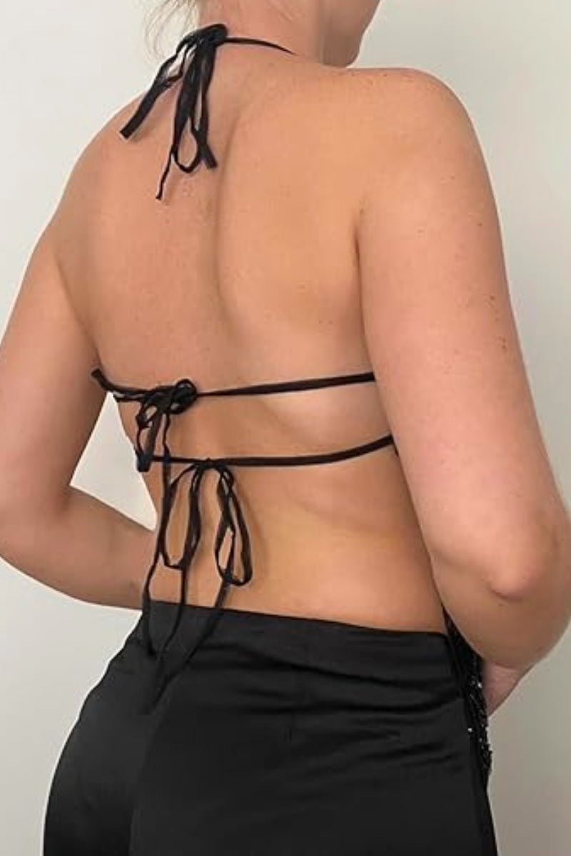 Midnight Beaded Mesh Halter Top
