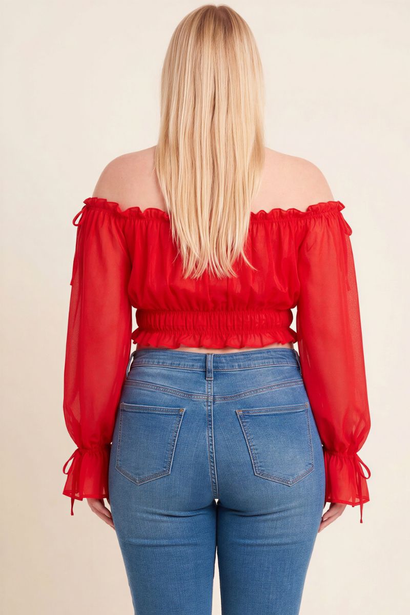 OFF SHOULDER RUFFLE TRIM KNOT SLEEVE CROP TOP PLUS