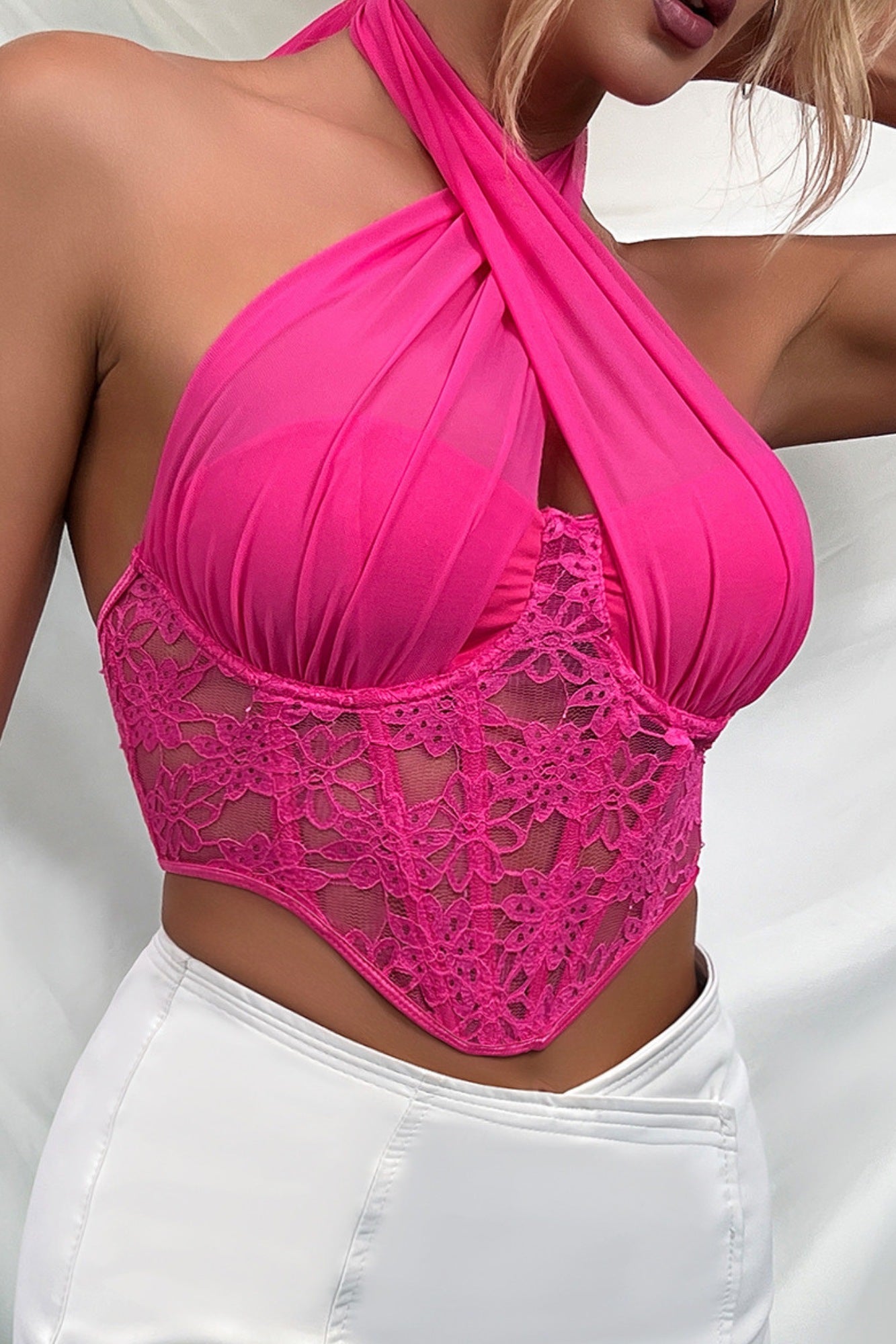 Sheer Mesh & Lace Halter Corset Top