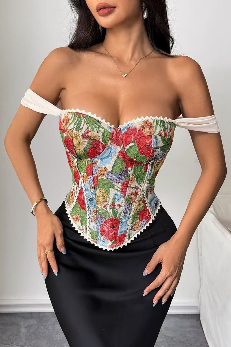 Off Shoulder Floral Jacquard Corset Top