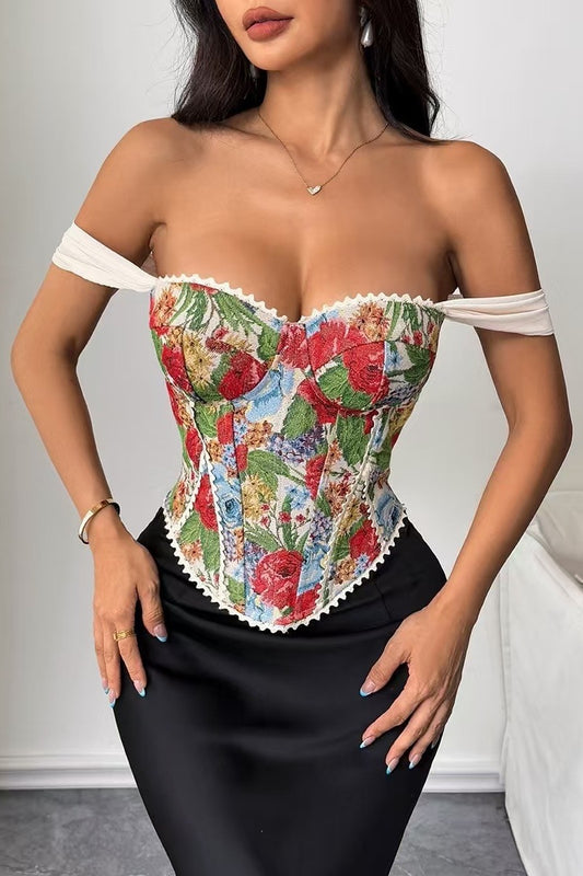 Off Shoulder Floral Jacquard Corset Top