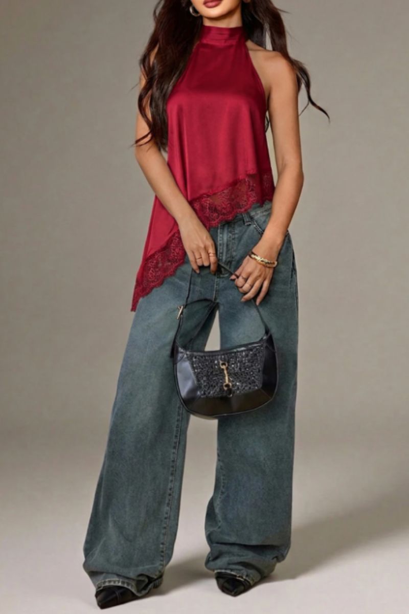 Satin Lace Trim Asymmetrical Top