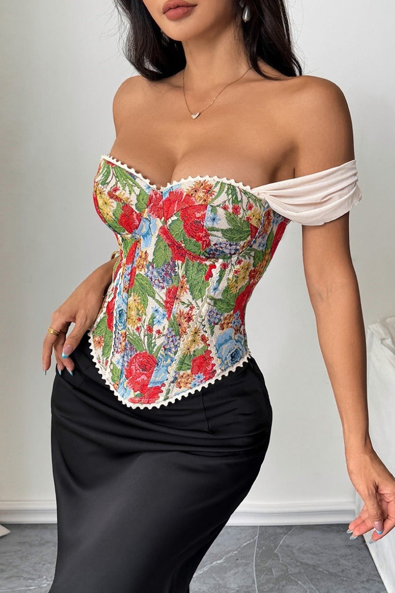 Off Shoulder Floral Jacquard Corset Top