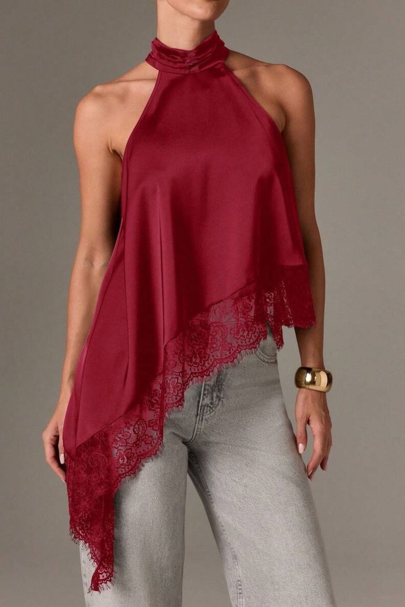 Satin Lace Trim Asymmetrical Top