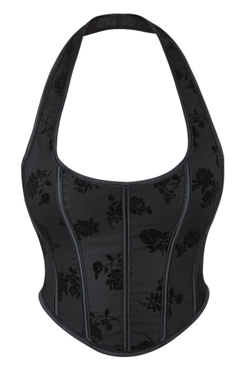 Sexy Floral Corset Crop Top with Lace-Up Back