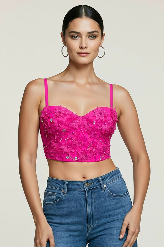FLORAL LACE BEADING EMBELLISHED BUSTIER CROP TOP_ D7256