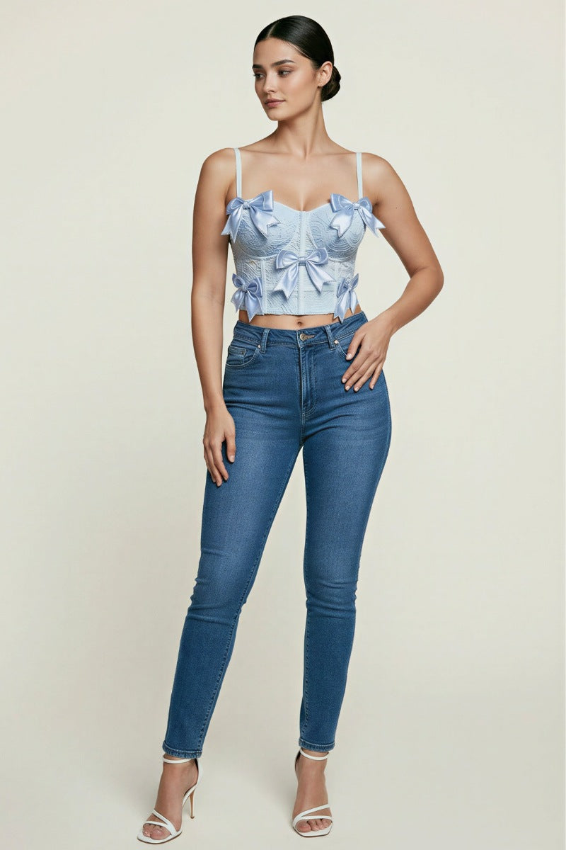 RHINESTONE EMBELLISHED BOW TRIMS BUSTIER CROP TOP