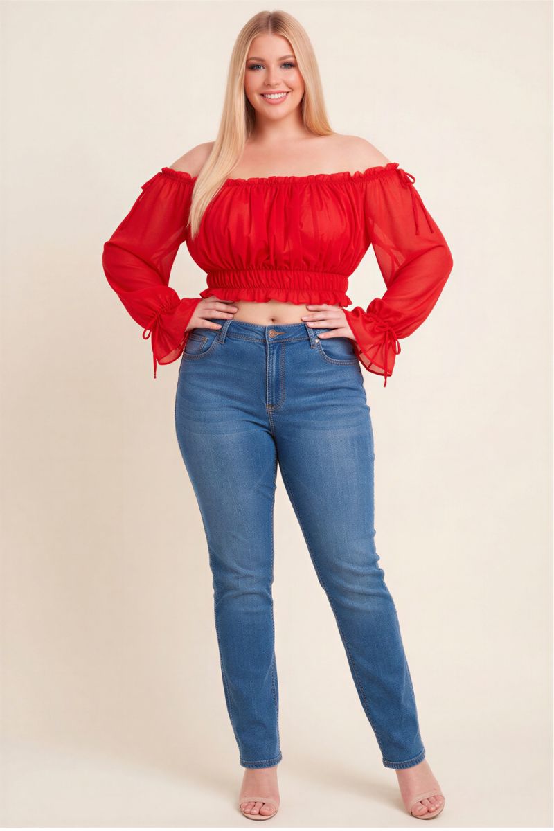 OFF SHOULDER RUFFLE TRIM KNOT SLEEVE CROP TOP PLUS
