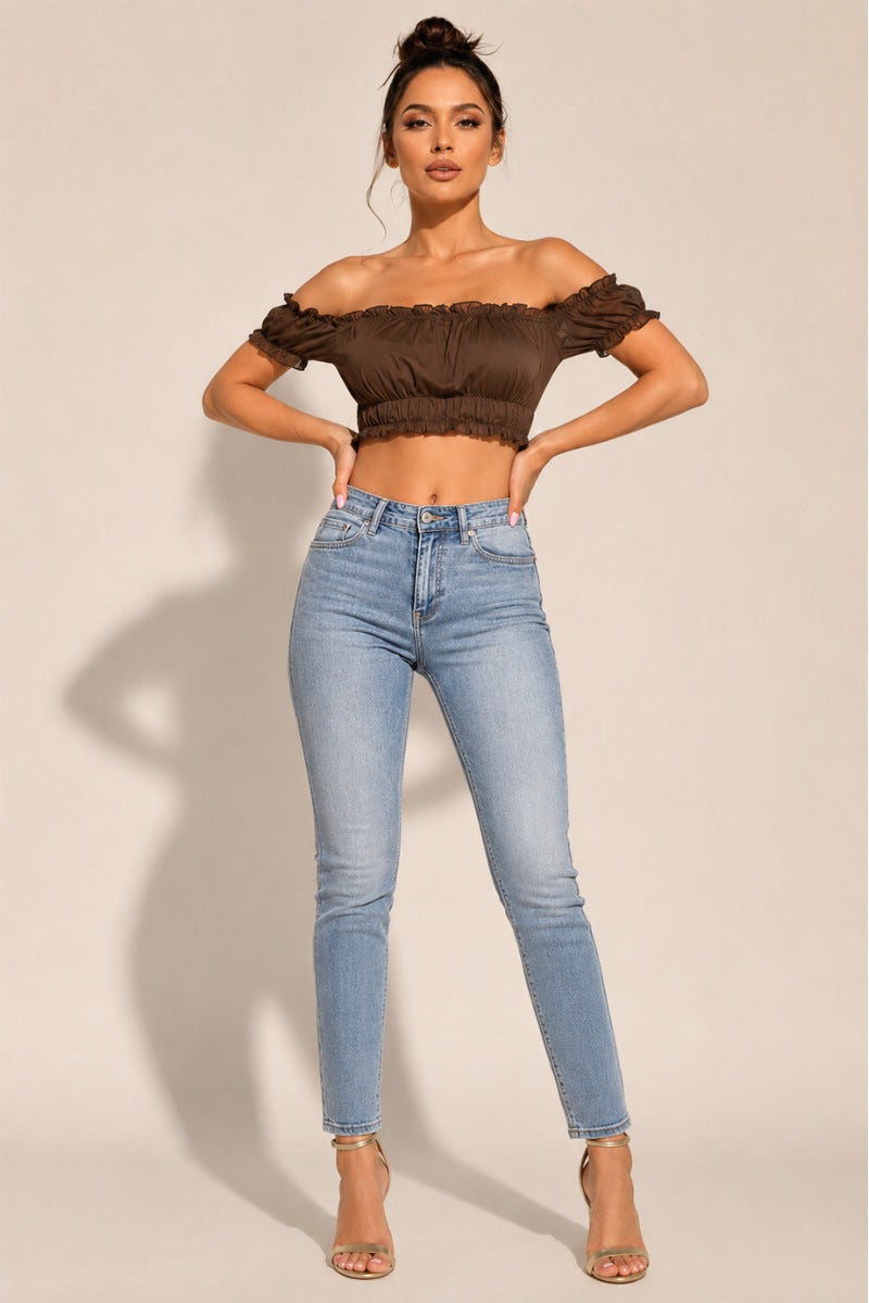 Sheer Ruffled Mesh Off-Shoulder Crop Top