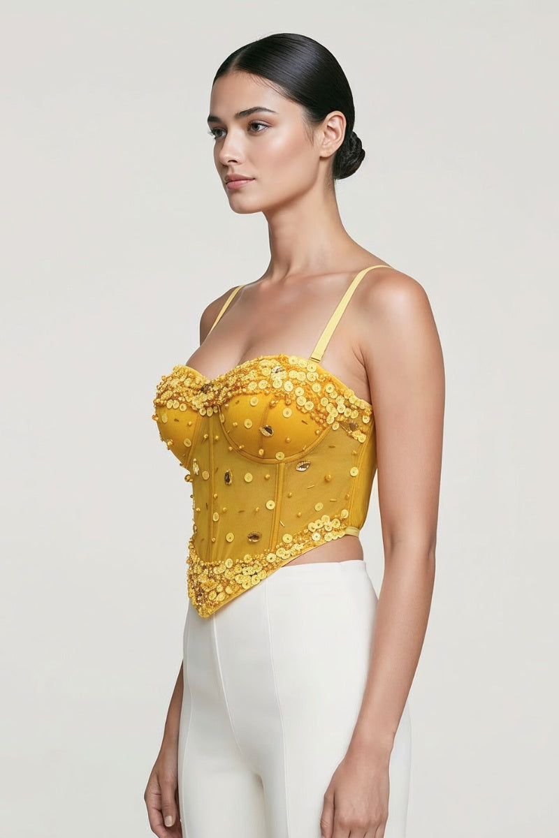 JEWEL BEAD EMBELLISHED MESH BONE CORSET CROP TOP