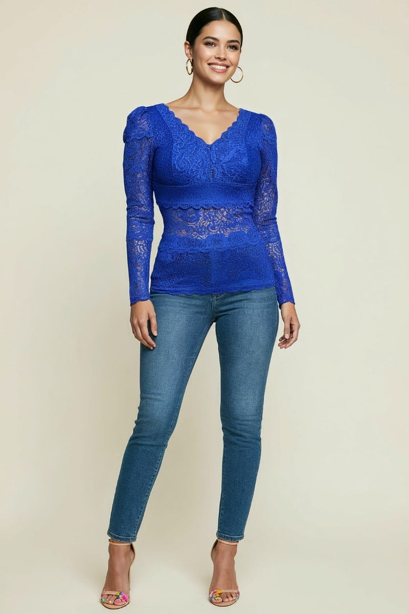 LONG SLEEVE V NECK LACE TOP