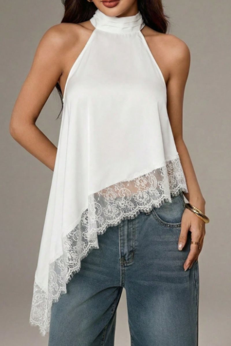 Satin Lace Trim Asymmetrical Top