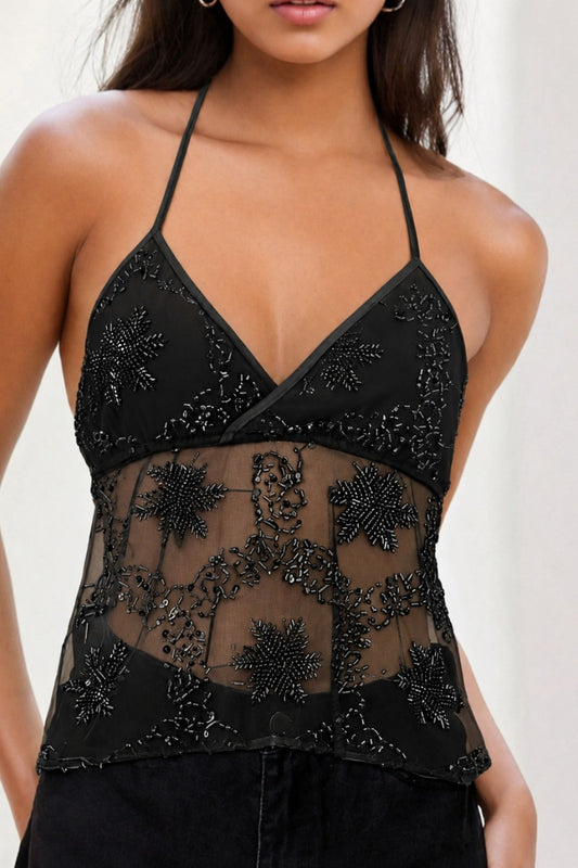 Midnight Beaded Mesh Halter Top