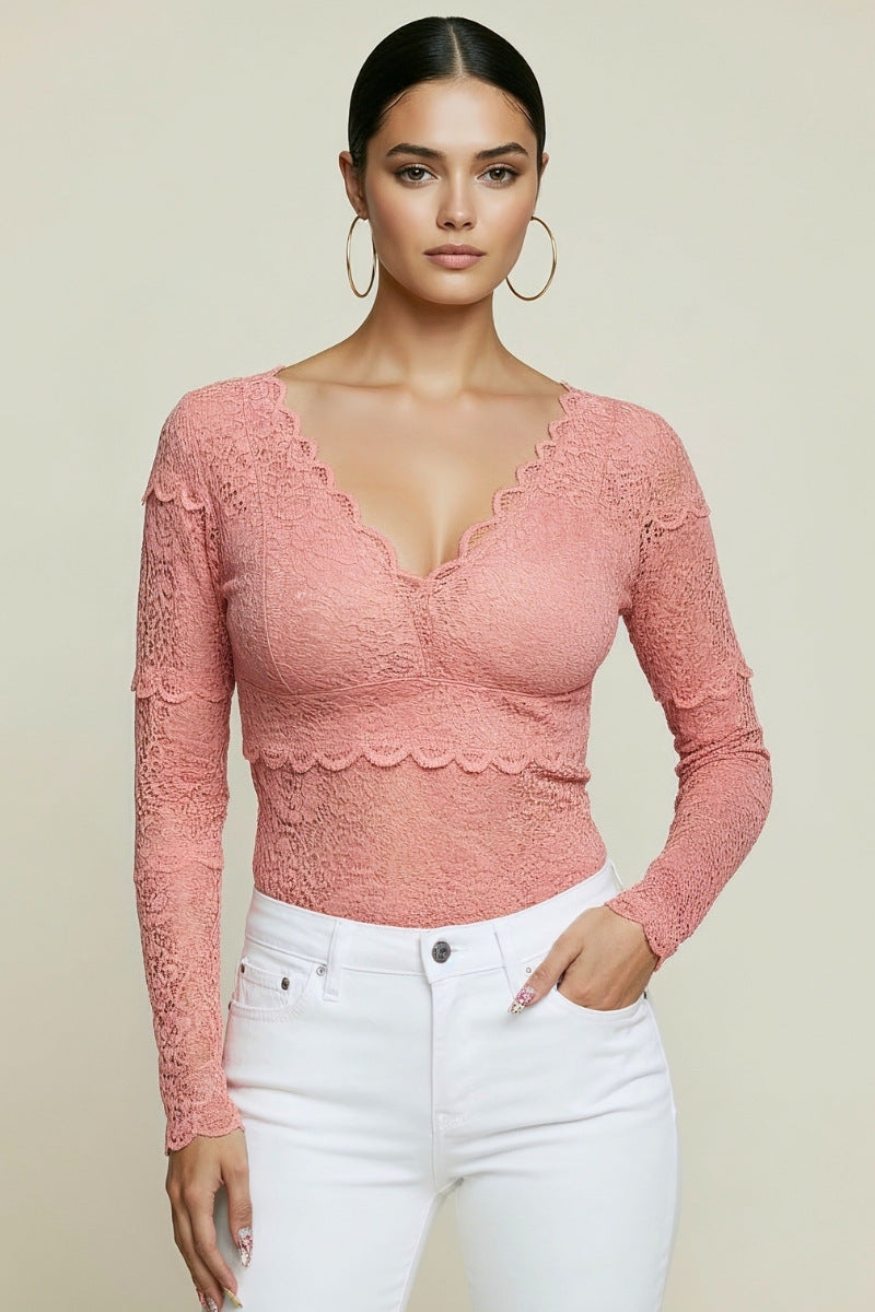 LONG SLEEVE V NECK LACE TOP
