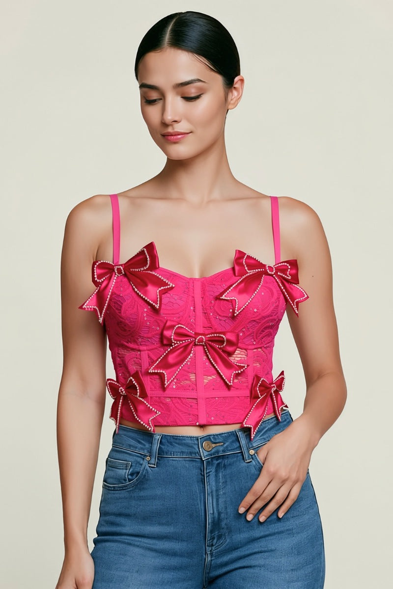 RHINESTONE EMBELLISHED BOW TRIMS BUSTIER CROP TOP
