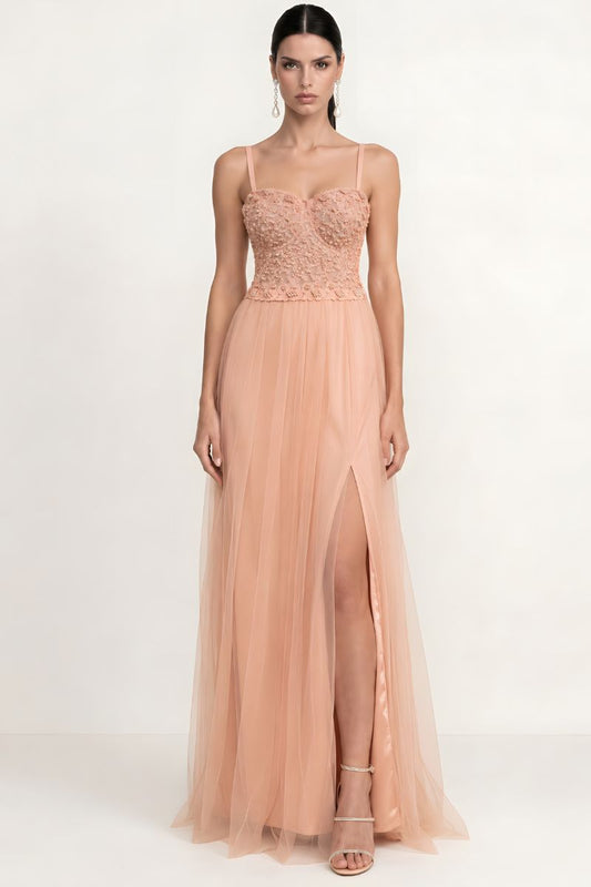 FLOWER BEADING BUSTIER LAYERED TULLE MAXI DRESS