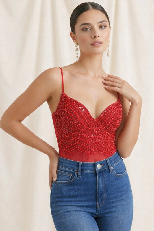 Luxury Beaded Pearl & Crystal Sheer Bodysuit_ DS4269A