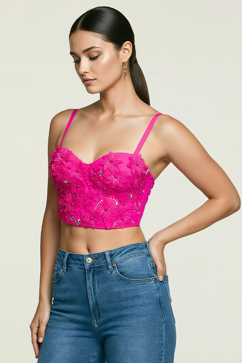 FLORAL LACE BEADING EMBELLISHED BUSTIER CROP TOP_ D7256