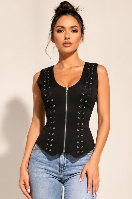 Lace-Up Zip Front Corset Tank with Open Back