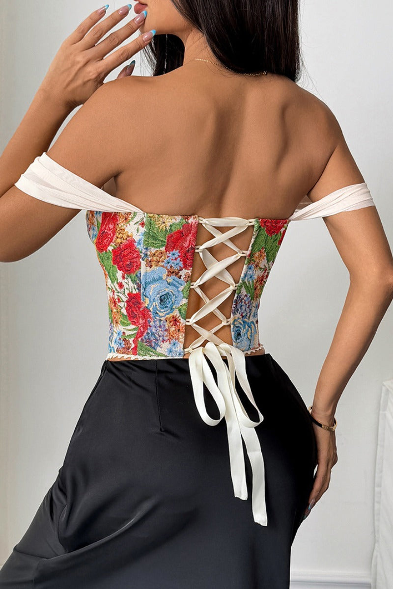 Off Shoulder Floral Jacquard Corset Top