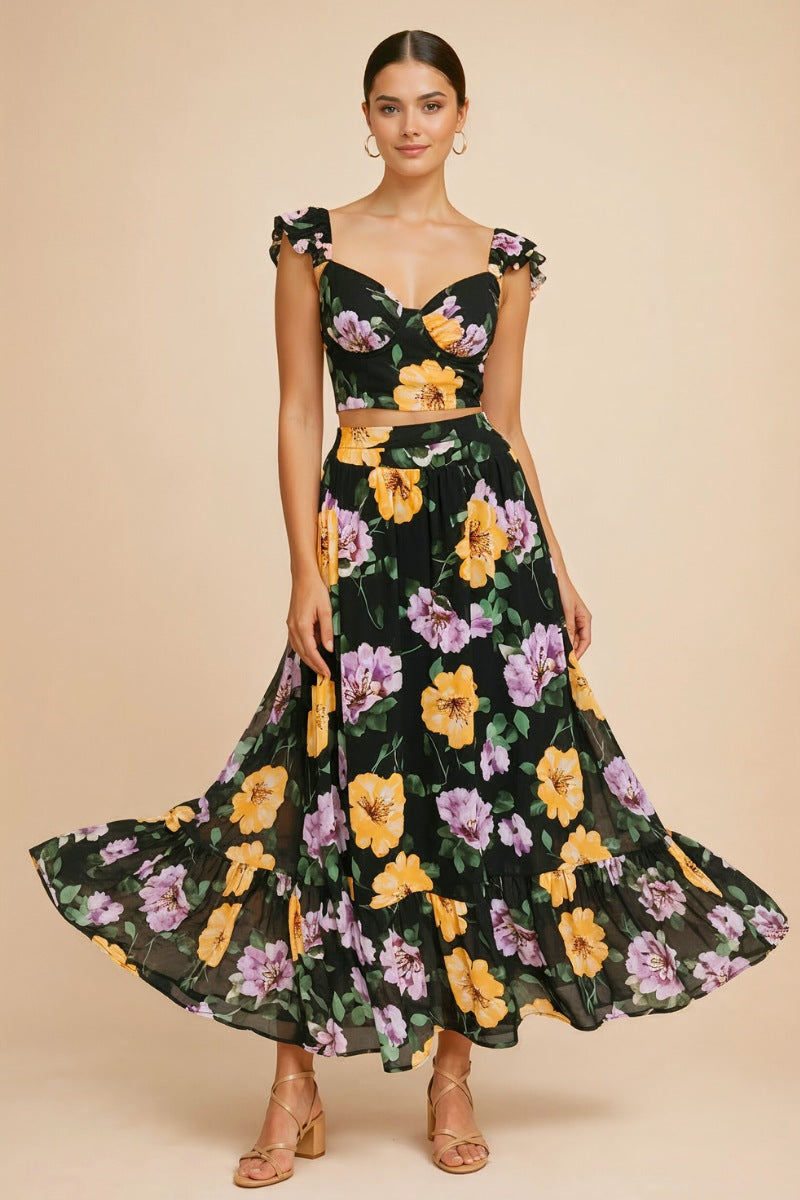 Floral Puff Sleeve Crop Top & Maxi Skirt Set