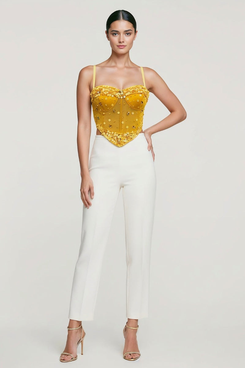 JEWEL BEAD EMBELLISHED MESH BONE CORSET CROP TOP