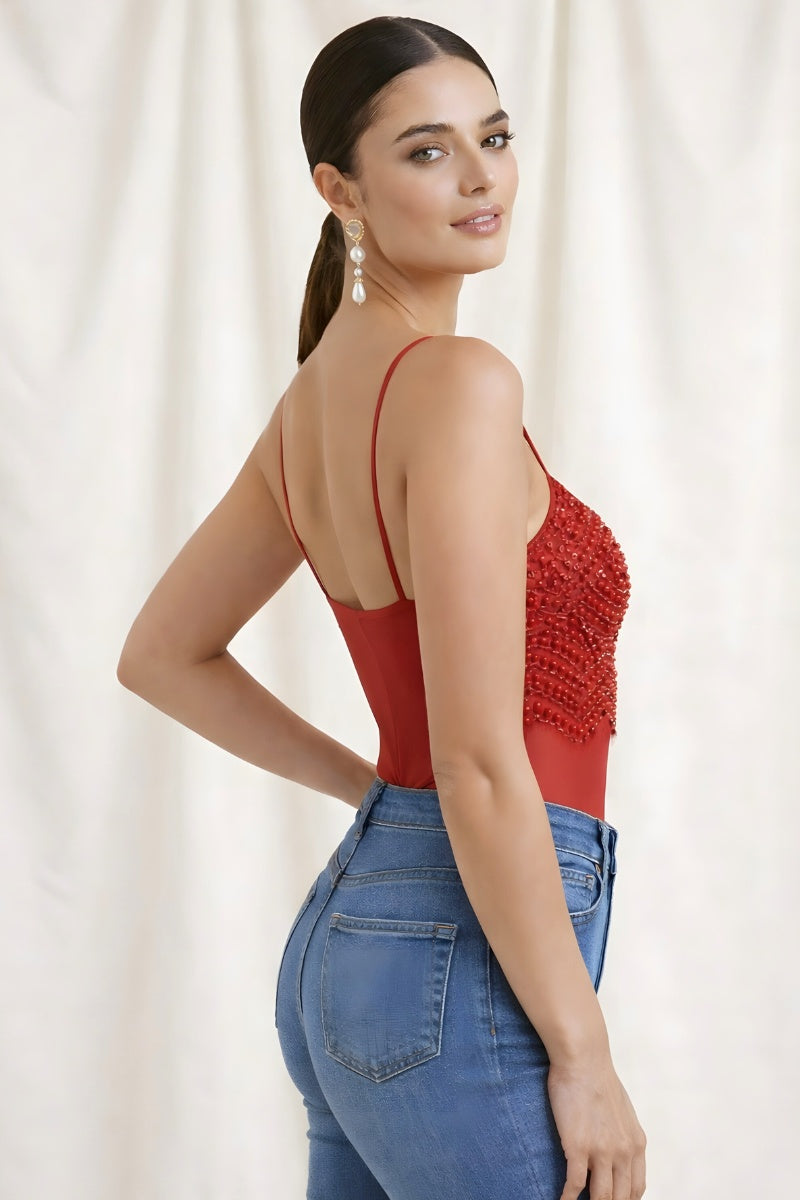 Luxury Beaded Pearl & Crystal Sheer Bodysuit_ DS4269A